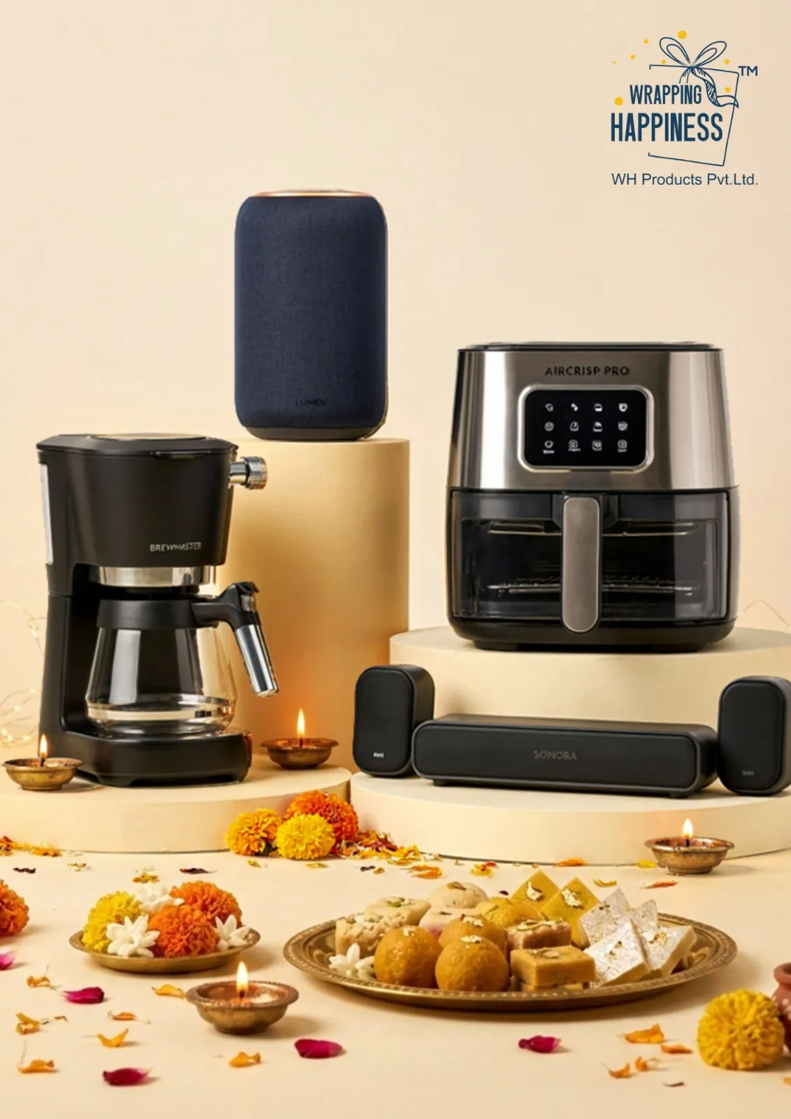 Premium corporate Diwali gifting selection with appliances, speakers and festive presentation