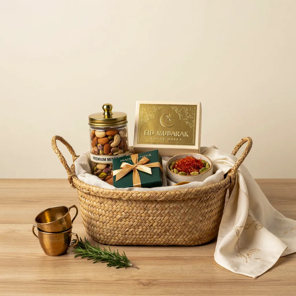 Premium corporate Eid gift hamper with dates dry fruits and festive products