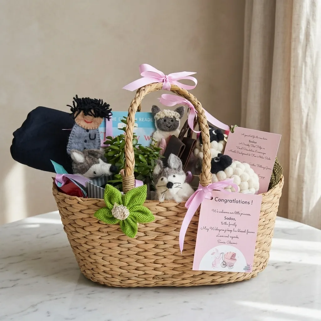 Personalised corporate maternity gift basket with baby toys and congratulations cards