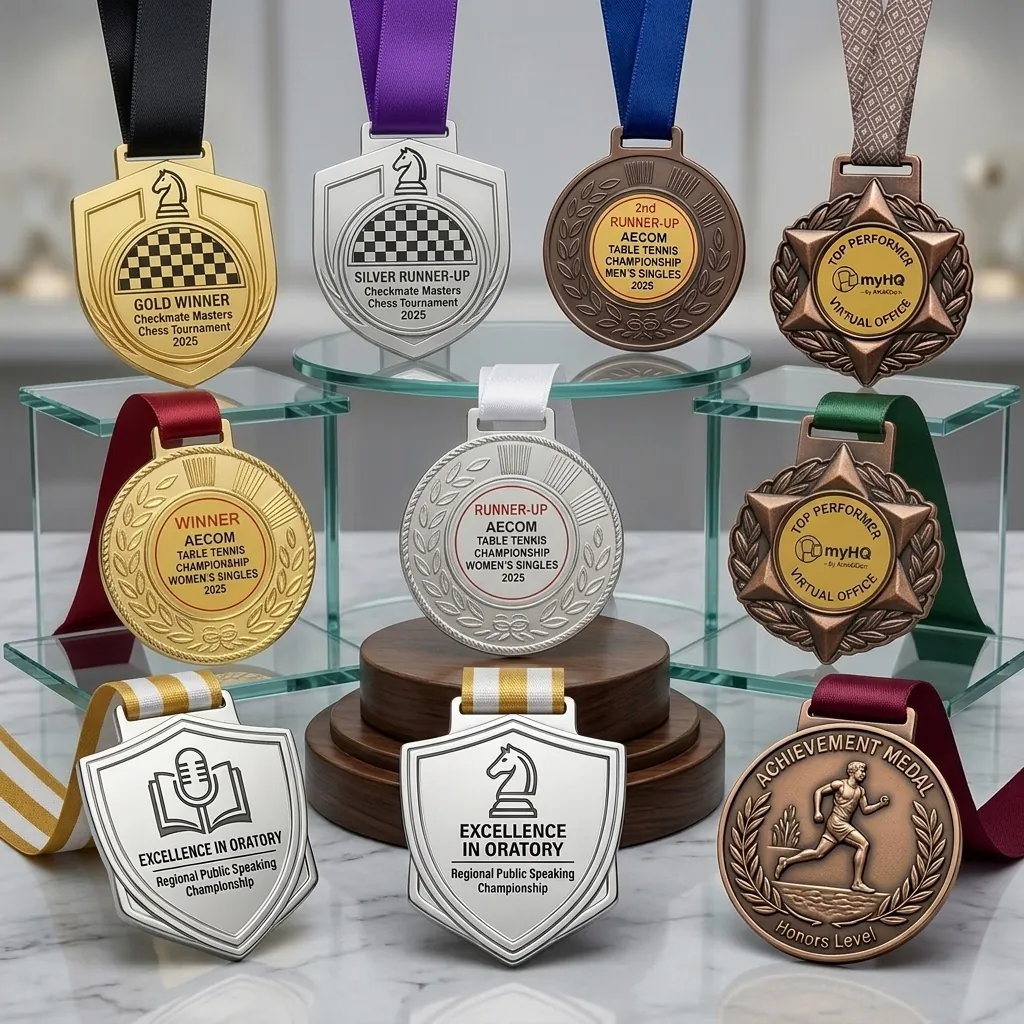 Custom gold silver and bronze employee achievement medals