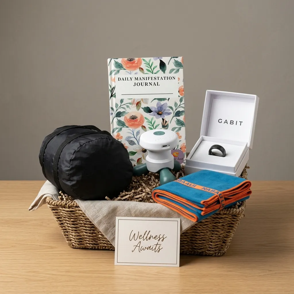 Employee fitness and wellness hamper with journal fitness accessories and wellness device