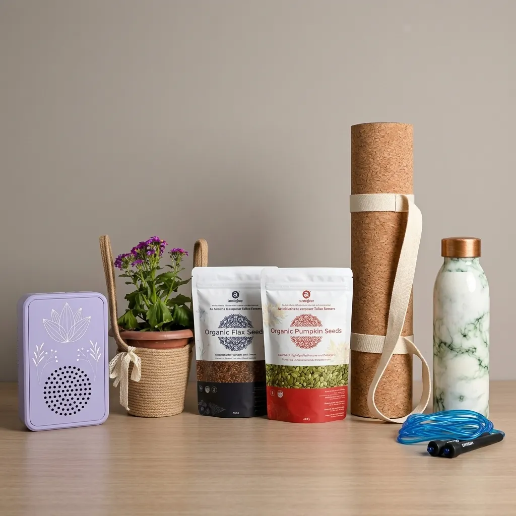 Sustainable corporate wellness gifting kit with yoga mat seeds plant and bottle